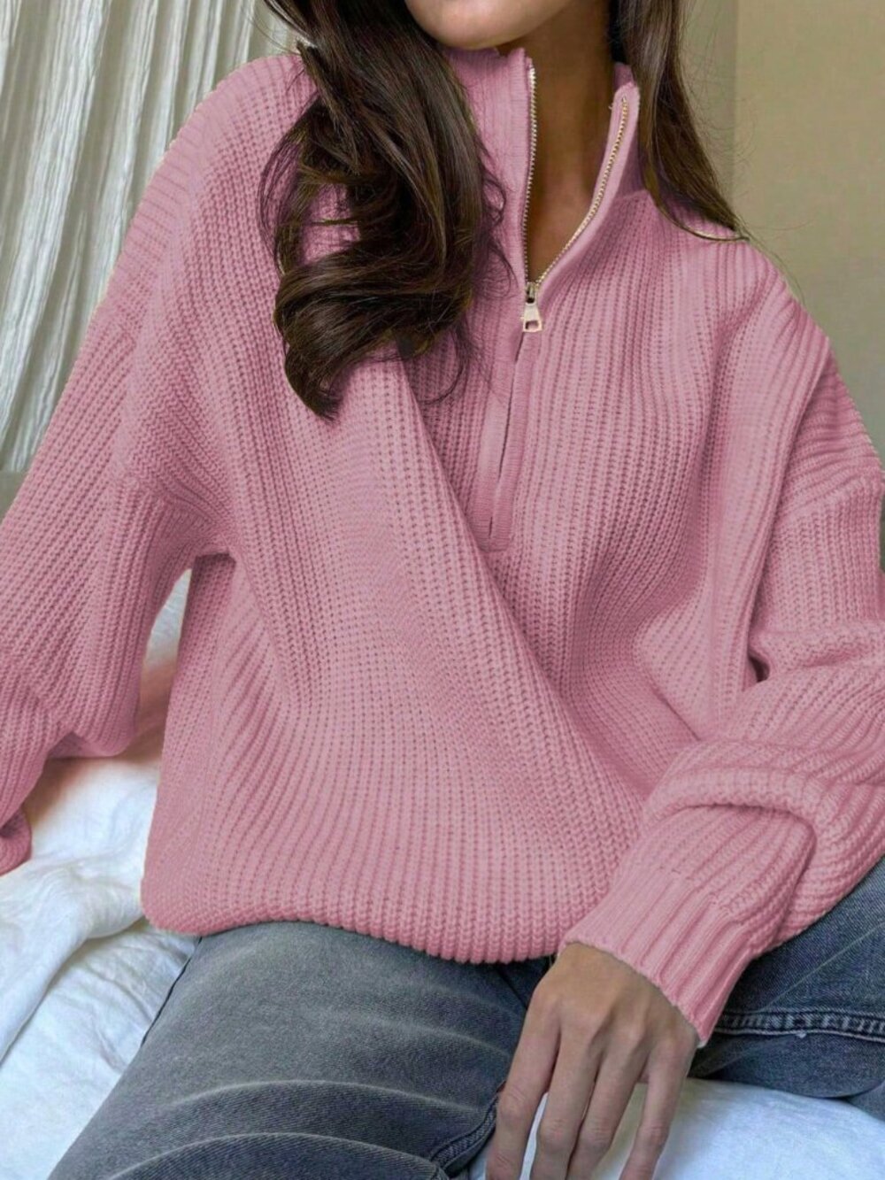 Light Pink Casual Womens Ribbed Loose Stand Collar Half-Placket Pullover Sweater - Picture 2 of 8